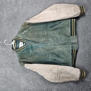 Vintage Avalanche Leather Bomber Varsity Jacket Men's L Green Beige Full Zip